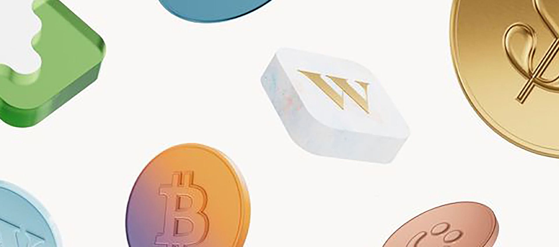Abstract image of 3d app icons floating in the air against a white backdrop including Wealthsimple app icon and bitcoin icon